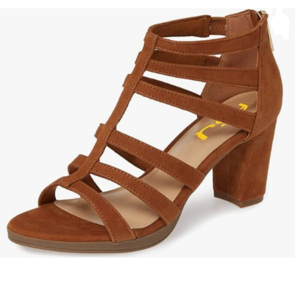FSJ Brown Chunky High Heel Sandals Open Toe T-Strap Cutout Dress Party Shoes